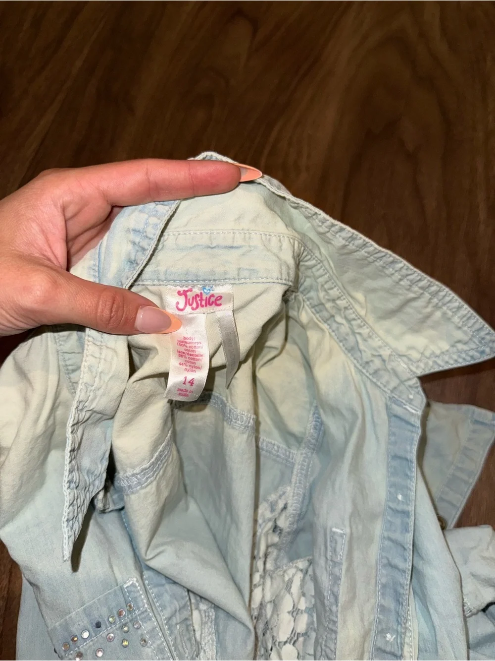 Justice Light Wash Denim Jacket with Lace and Gem Accents